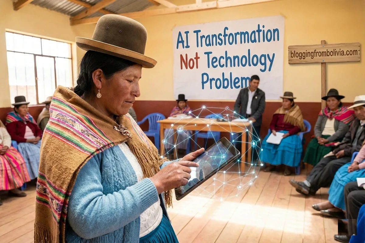 A Bolivian woman in traditional attire uses a tablet with a glowing digital network overlay. In the background, a sign reads "AI Transformation Not Technology Problem" and a wooden placard displays "bloggingfrombolivia.com."