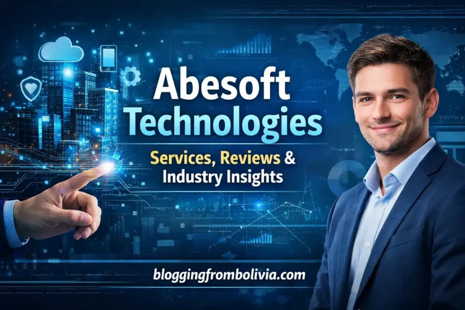 Banner image showing Abesoft Technologies digital services theme with futuristic tech background and bloggingfrombolivia.com branding.