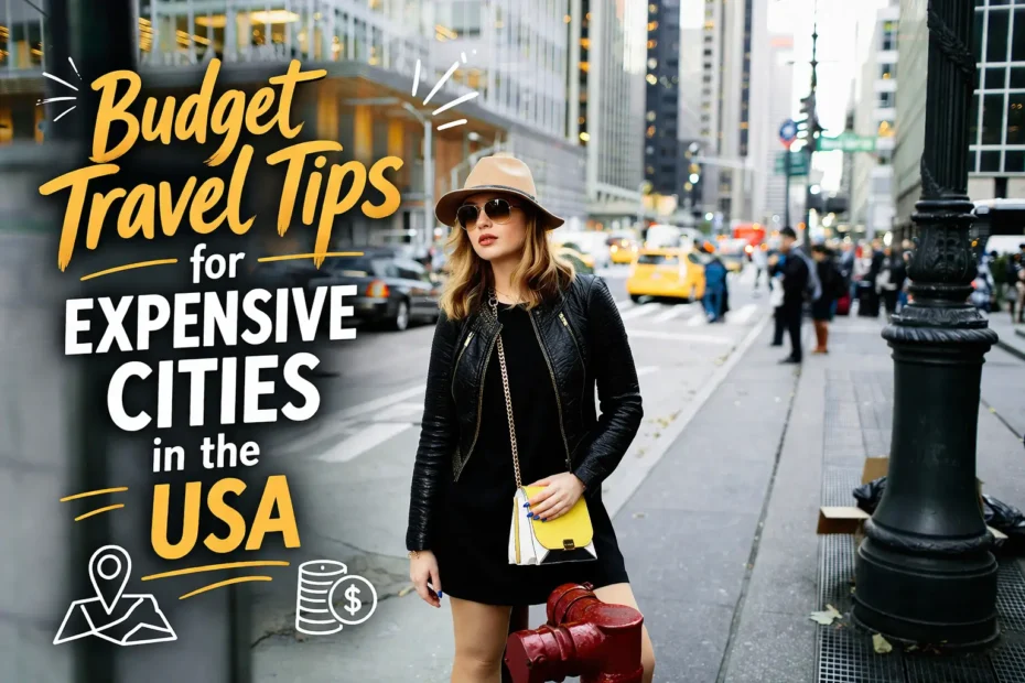Woman in stylish outfit standing on a busy New York street with “Budget Travel Tips for Expensive Cities in the USA” text overlay.