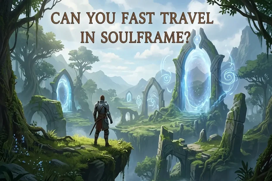 Fantasy landscape with glowing portal gates as a warrior overlooks ruins, asking about fast travel in Soulframe.