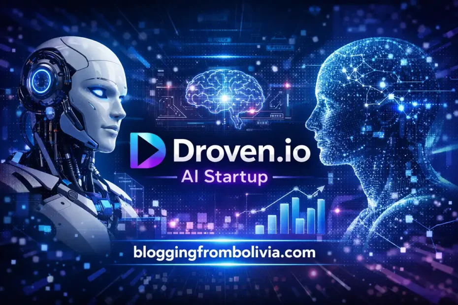 Futuristic promotional graphic for Droven.io AI Startup featuring a robot and digital human face, glowing brain interface, data visuals, and the text “bloggingfrombolivia.com” at the bottom.