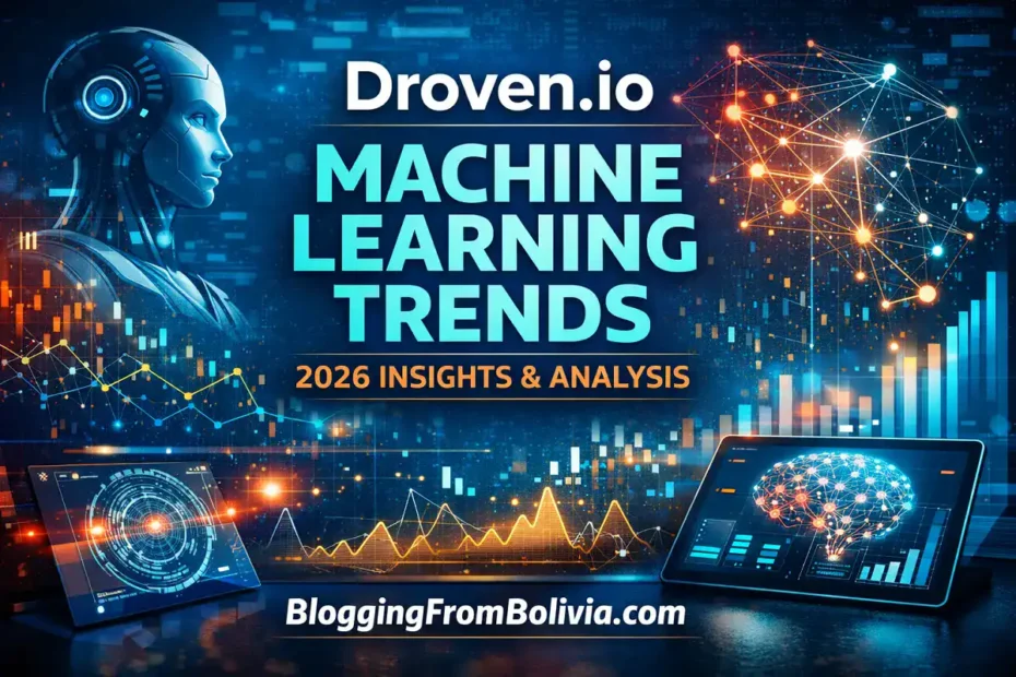 Futuristic blue AI-themed banner showing Droven.io Machine Learning Trends 2026 with data charts, neural network graphics, and BloggingFromBolivia.com branding.
