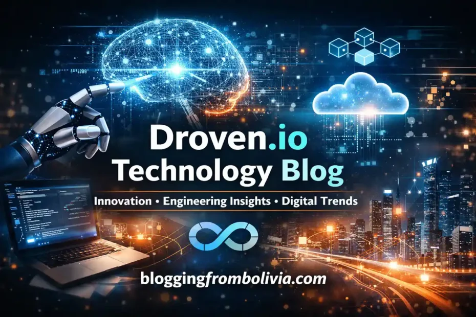Futuristic technology blog banner with AI brain, robotic hand, cloud computing icons, city skyline, and the text “Droven.io Technology Blog” and “bloggingfrombolivia.com”.
