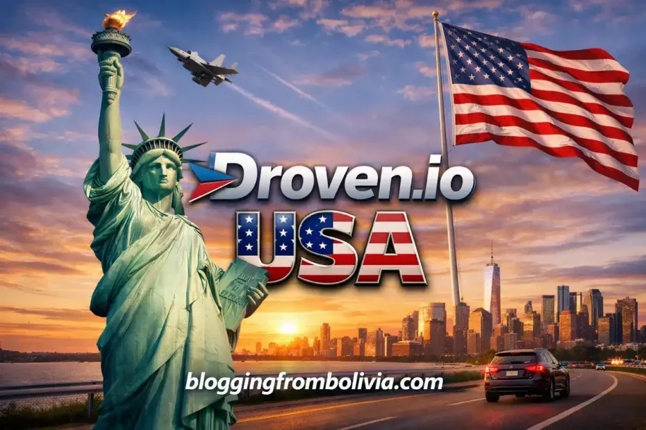 Promotional image featuring the Statue of Liberty, New York City skyline at sunset, American flag, and bold text “Droven.io USA” with “bloggingfrombolivia.com” at the bottom.