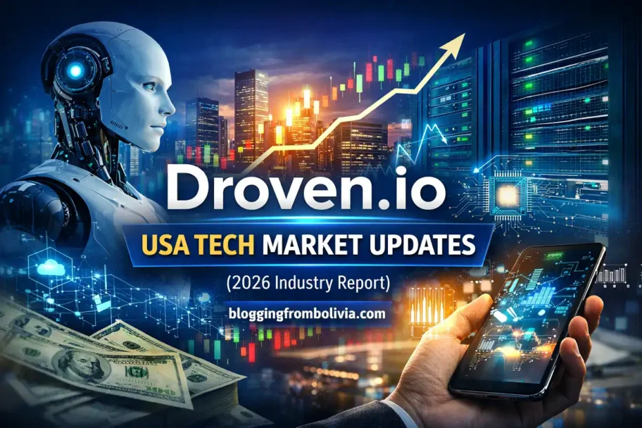 Futuristic USA tech market update banner featuring AI robot, stock charts, server racks, and the text bloggingfrombolivia.com.