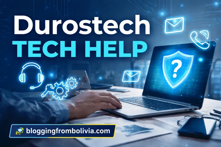 Durostech Tech Help promotional banner showing laptop with security shield icon and bloggingfrombolivia.com branding on blue tech background.