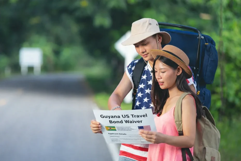 Couple reviewing a “Guyana US Travel Bond Waiver” document while traveling outdoors.
