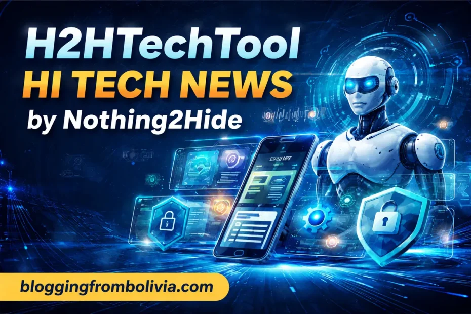 Futuristic hi-tech news banner featuring a robot, digital security icons, and the text “H2HTechTool Hi Tech News by Nothing2Hide” with bloggingfrombolivia.com displayed at the bottom.