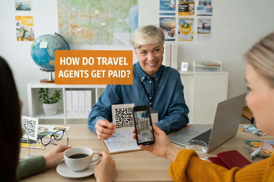 Travel agent showing a QR code to clients in an office, with “How Do Travel Agents Get Paid?” text overlay.