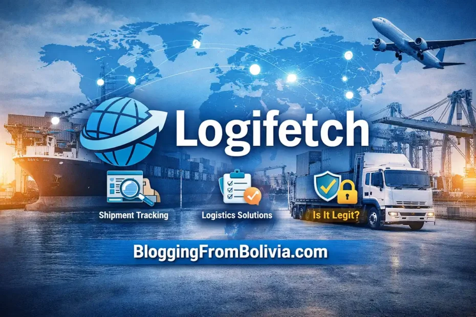 Logifetch logistics tracking banner with cargo ship, truck, airplane, world map, and BloggingFromBolivia.com branding.