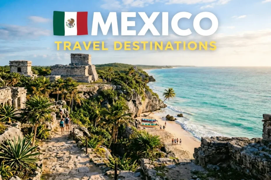 Mexico travel destinations banner featuring Tulum ruins overlooking a tropical beach and turquoise sea.