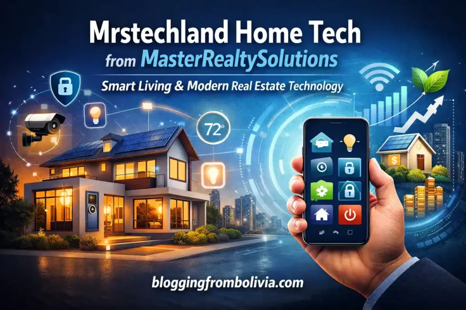 Smart home illustration showing modern house, mobile control app, and security tech branding for bloggingfrombolivia.com.