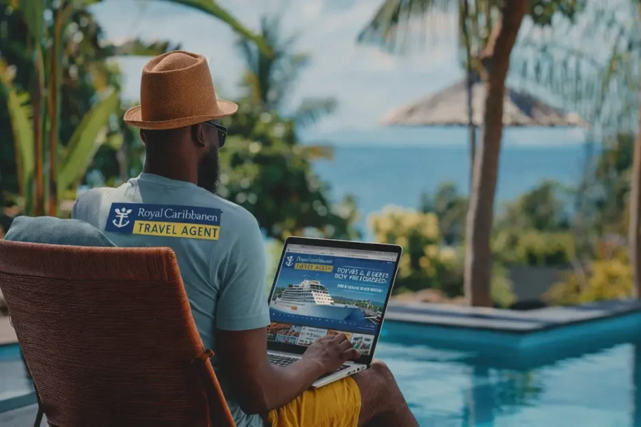 Travel agent working on a laptop by a tropical pool with ocean view, wearing a Royal Caribbean Travel Agent shirt.