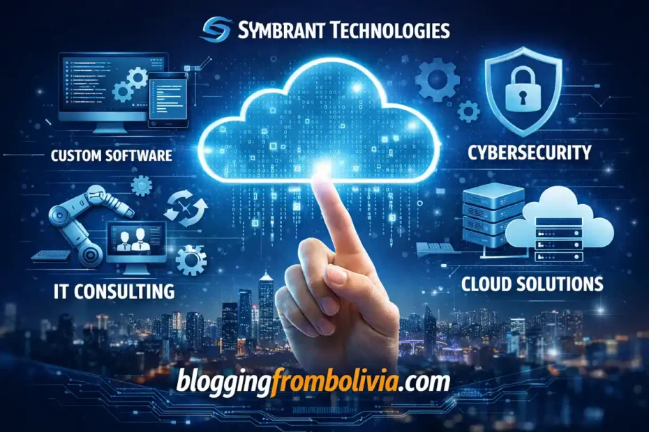 Futuristic cloud computing and cybersecurity illustration with Symbrant Technologies branding and bloggingfrombolivia.com.