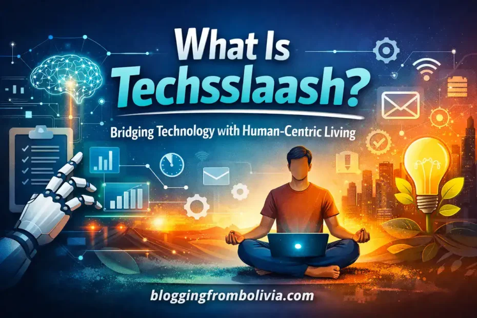 Techsslaash digital illustration showing AI technology, human-centric living concept, and bloggingfrombolivia.com branding.