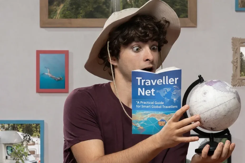 Surprised traveler holding a globe while reading a book titled “Traveller Net: A Practical Guide for Smart Global Travellers.