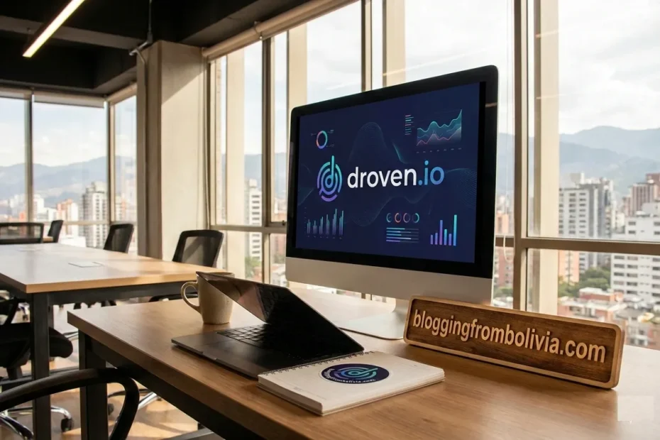 A computer monitor displaying "droven.io" on a desk in a modern office, with "bloggingfrombolivia.com" featured on a wooden sign nearby.