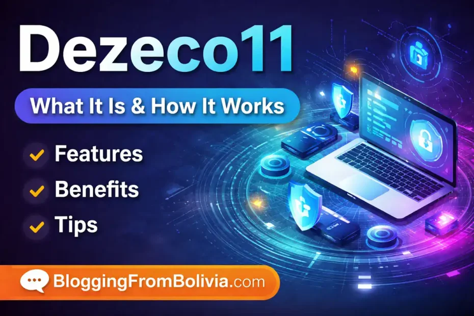 Digital promotional graphic for “Dezeco11: What It Is & How It Works” featuring a futuristic laptop illustration and the site name BloggingFromBolivia.com.