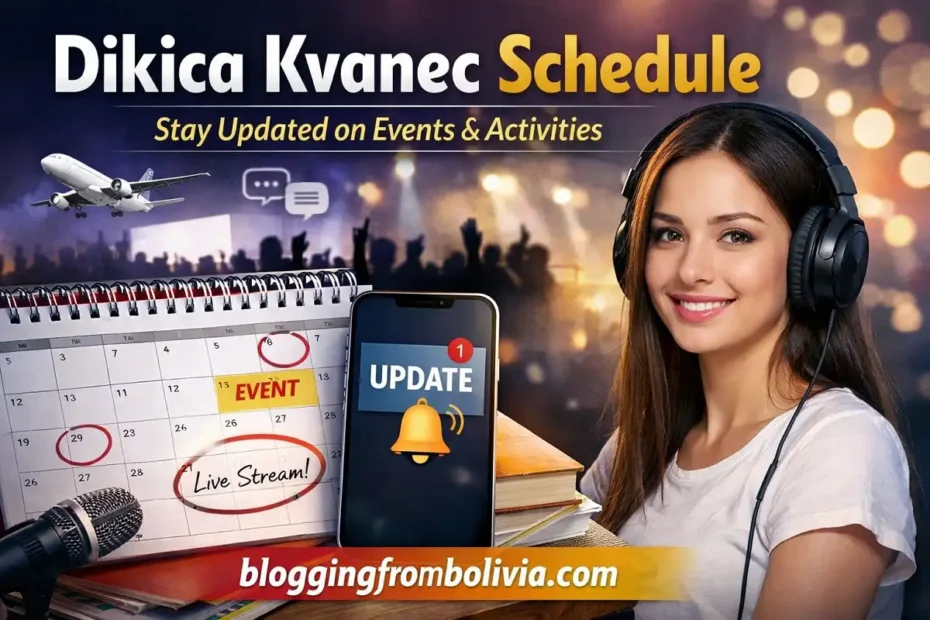 Promotional graphic showing a calendar, smartphone update alert, and a woman with headphones representing the Dikica Kvanec schedule, with the website bloggingfrombolivia.com displayed.