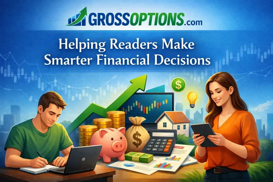 GrossOptions.com banner showing people using financial tools, charts, and savings icons with the tagline “Helping Readers Make Smarter Financial Decisions.”