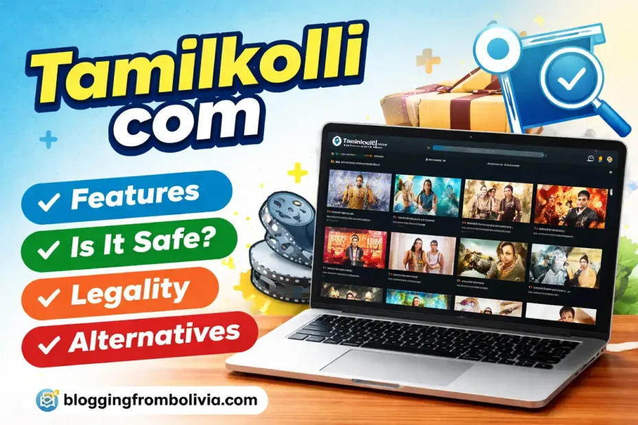 Promotional banner for Tamilkolli com showing a laptop with Tamil movie thumbnails, feature highlights, and the website name bloggingfrombolivia.com displayed at the bottom.